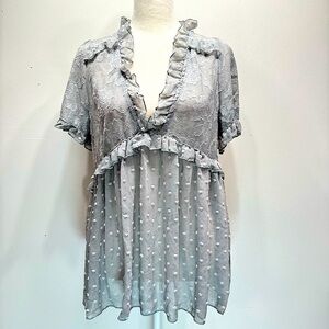 POL Silver Gray Sheer Swiss Dot Floral Lace Babydoll Top Frills Ruffles Fairy